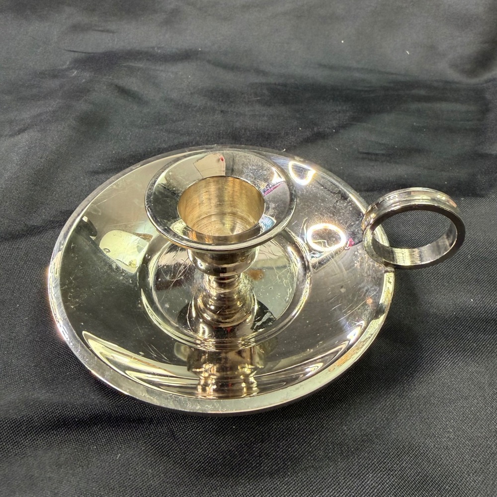 Vintage Silver Plated Brass Chamberstick Candle Holder with Finger Loop Handle